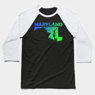 Colorful mandala art map of Maryland with text in blue and green Baseball T-Shirt